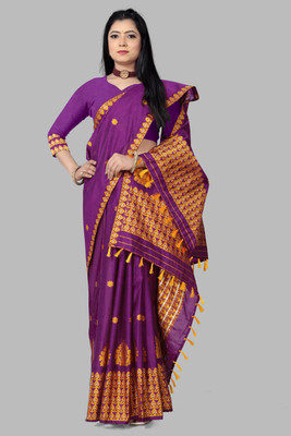VARCREATION Woven Mekhela Chador Pure Cotton Saree(Purple)