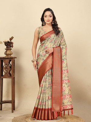 HouseOfCommon Floral Print Madhubani Art Silk Saree(Cream)