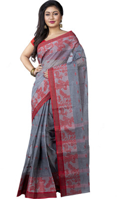 DipDiya Woven Tant Pure Cotton Saree(Red, Grey)