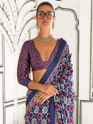 ANOUK Printed Daily Wear Crepe Saree(Dark Blue)