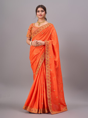 Vraj Textile Embroidered Chinnalapattu Pure Silk Saree(Orange)