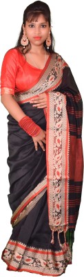 sdn Woven Tant Handloom Pure Cotton Saree(Black)