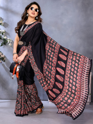 Tasrika Printed Hand Batik Crepe Saree(Black)