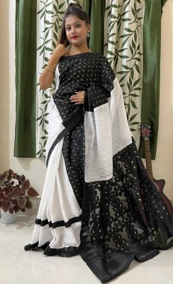 sdn Woven Jamdani Handloom Cotton Silk Saree(Black, White)