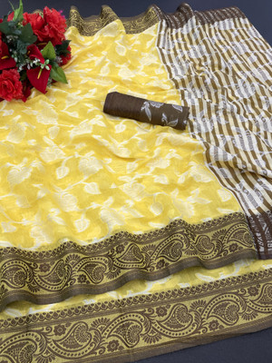 HANUMANT TEXTILES Printed Chanderi Cotton Blend Saree(Yellow)