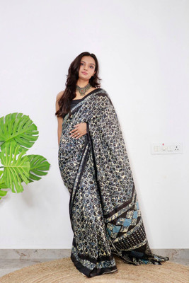 JASU CREATION Printed Handloom Pure Cotton Saree(Black)
