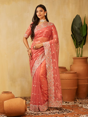 KASEE Embroidered Bollywood Net Saree(Pink)