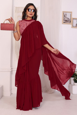 PATLANI STYLE Solid/Plain Pre Draped Saree Georgette Saree(Maroon)