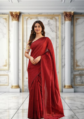 Trndysares Solid/Plain Handloom Handloom Cotton Blend Saree(Red)
