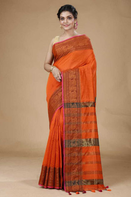 HouseOfCommon Solid/Plain Handloom Pure Cotton Saree(Orange)