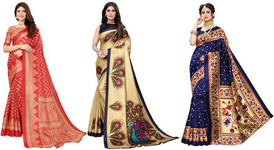 Nirvaan Printed, Woven Mysore Art Silk Saree(Pack of 3, Red, Gold, Dark Blue)