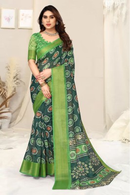 Winza Designer Geometric Print Daily Wear Cotton Blend Saree(Dark Green)