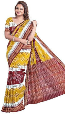 HouseOfCommon Hand Painted, Temple Border Handloom Handloom Pure Cotton Saree(Yellow, Red)
