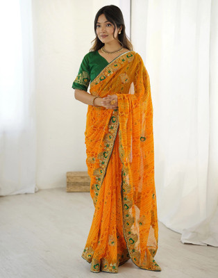 Samah Printed, Embroidered Bandhani Lace, Georgette Saree(Yellow)