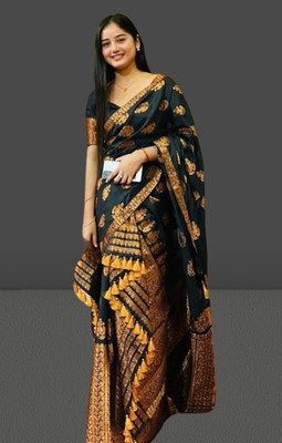vrajtextiledr Woven Mekhela Chador Pure Silk Saree(Dark Green)