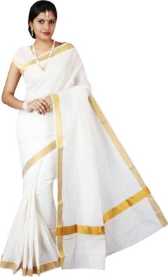 Saran Solid/Plain Kasavu Pure Cotton Saree(Cream)