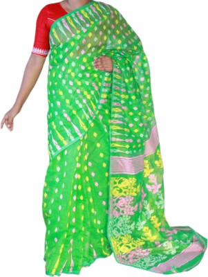 TRANDE Woven Jamdani Cotton Silk Saree(Green)