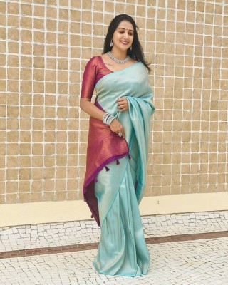 KRIYANSH Self Design, Embellished Kanjivaram Cotton Blend, Jacquard Saree(Light Blue)