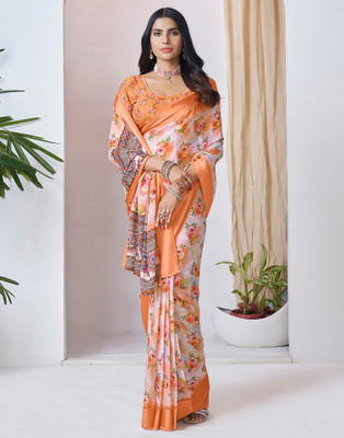 Samah Floral Print Bollywood Georgette Saree(Orange, White)