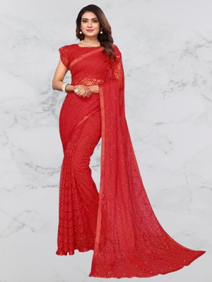 NORAFLEX Embroidered Bollywood Net Saree(Red)
