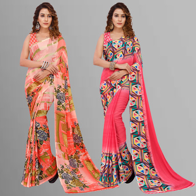 Anand Sarees Floral Print Daily Wear Georgette Saree(Pack of 2, Pink, Multicolor)