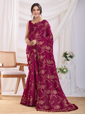 RekhaManiyar Floral Print Bollywood Silk Blend Saree(Maroon)