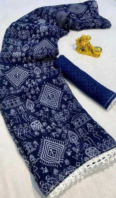 DAZLIO Printed Bollywood Georgette Saree(Dark Blue, White)