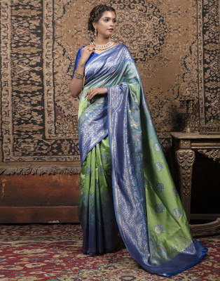 Samah Woven, Embellished, Self Design Banarasi Art Silk Saree(Green, Blue)