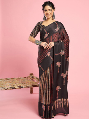 Tasrika Printed Hand Batik Silk Blend Saree(Black)