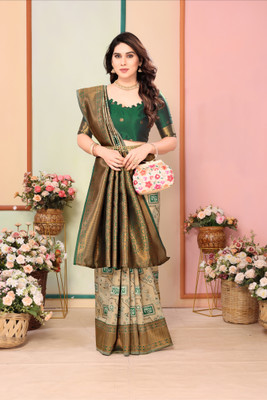 HouseOfCommon Woven, Geometric Print, Floral Print Kanjivaram Pure Silk, Silk Blend Saree(Light Green, Dark Green)