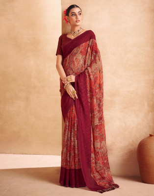 Samah Printed, Embellished, Woven Bollywood Chiffon, Georgette Saree(Maroon, Orange)