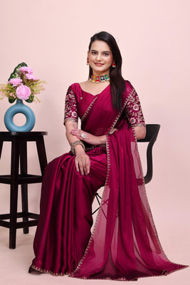 SAADHYA CREATION Embroidered, Solid/Plain Bollywood Chiffon Saree(Maroon)