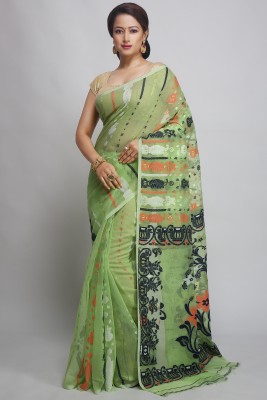 WoodenTant Woven Jamdani Cotton Silk Saree(Light Green)