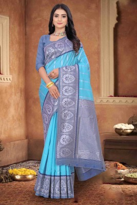 Kyrila Self Design Kanjivaram Cotton Silk Saree(Light Blue)