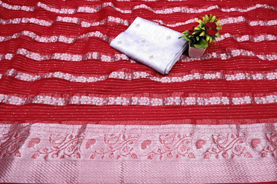AKAHANAD ANAND CREATION Striped Bollywood Organza Saree(Red)