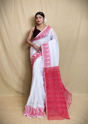 SPFashion Woven Jamdani Cotton Silk Saree(White, Red)