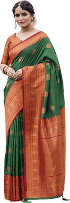 nilkanth creation Self Design Banarasi Jacquard Saree(Green, Orange)