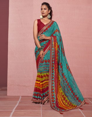 Samah Geometric Print, Printed, Embellished Bollywood Chiffon, Georgette Saree(Blue, Multicolor)