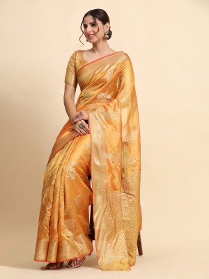 KALIPATRA Floral Print Banarasi Organza Saree(Yellow)