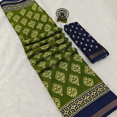 Sniccs Trend Blocked Printed, Woven, Printed Bollywood Mulmul Saree(Green)