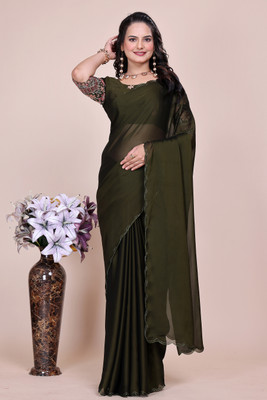 Shatayu Solid/Plain Maheshwari Chiffon Saree(Green)
