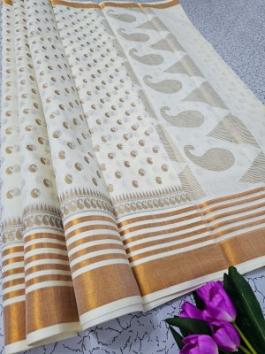 Kunjus Printed, Self Design, Animal Print Kasavu Pure Cotton Saree(Gold, Cream)