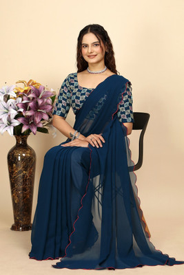 ShiniTrendz Embroidered, Solid/Plain Bollywood Georgette Saree(Dark Blue)