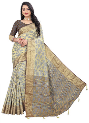 BLACKPETAL Woven Baluchari Cotton Blend Saree(Cream)