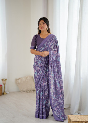 RAJESHWAR FASHION Floral Print, Printed Daily Wear Chiffon Saree(Purple)