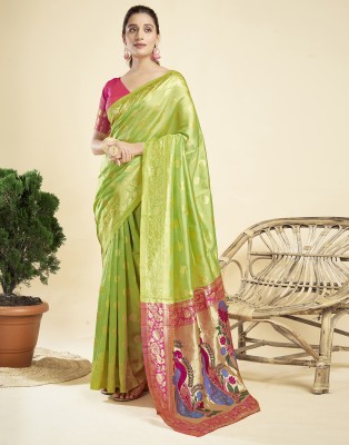 Samah Woven, Embellished, Self Design Paithani Silk Blend Saree(Light Green, Pink)