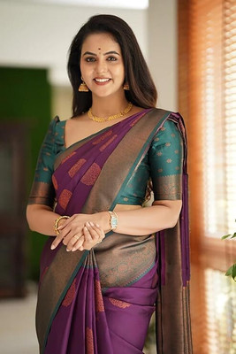 Fashmode Creation Woven Kanjivaram Art Silk, Jacquard Saree(Purple)