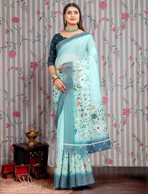 VISHNU Printed Kanjivaram Pure Cotton, Chanderi Saree(Light Blue)
