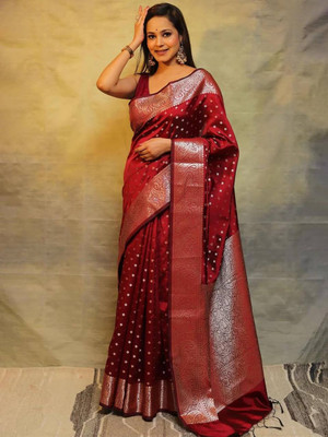 erika Woven Kanjivaram Silk Blend, Art Silk Saree(Maroon)