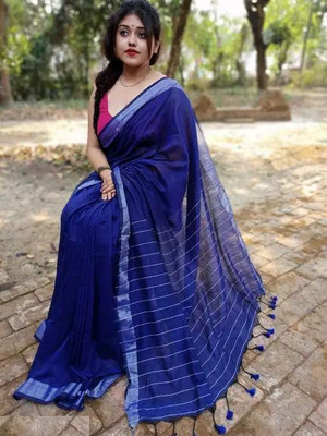 SRINJAN FASHION Solid/Plain Daily Wear Handloom Cotton Linen Saree(Blue)